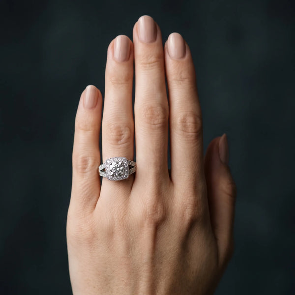 White gold Round Halo Split Shank Diamond Ring with Milgrain Prong Setting