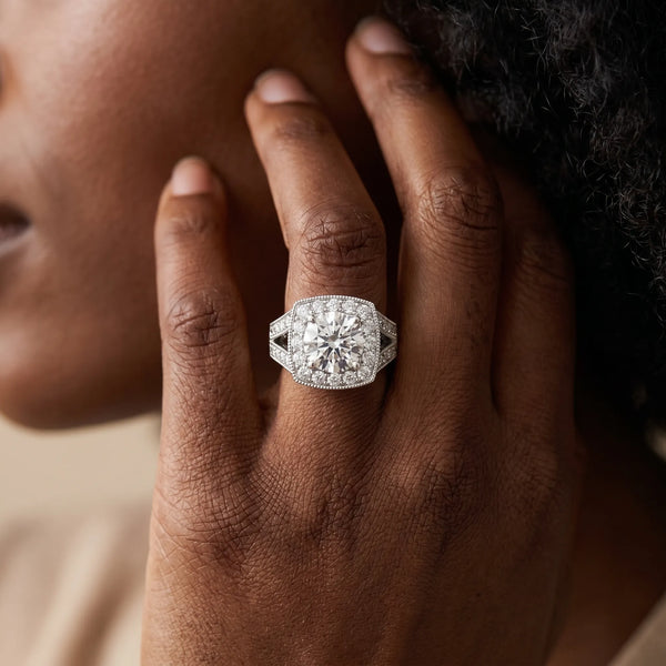 White gold Round Halo Split Shank Diamond Ring with Milgrain Prong Setting