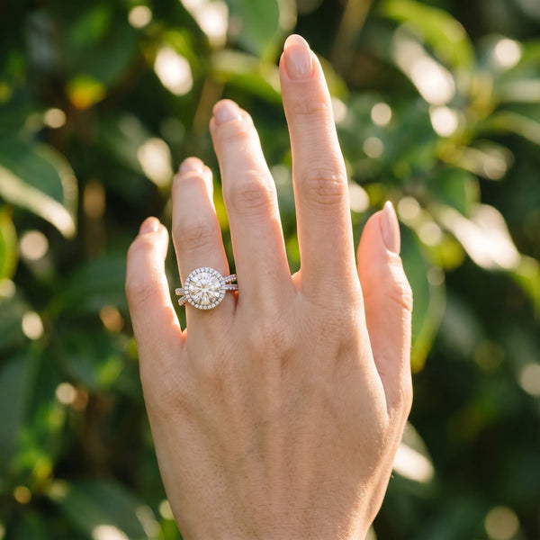 White gold Round Halo Split Shank Diamond Ring with Pavé Setting