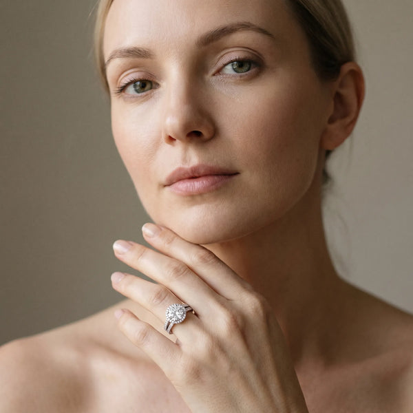 White gold Round Halo Split Shank Diamond Ring with Pavé Setting