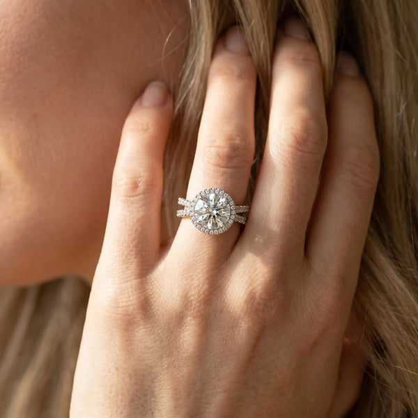 White gold Round Halo Split Shank Diamond Ring with Pavé Setting