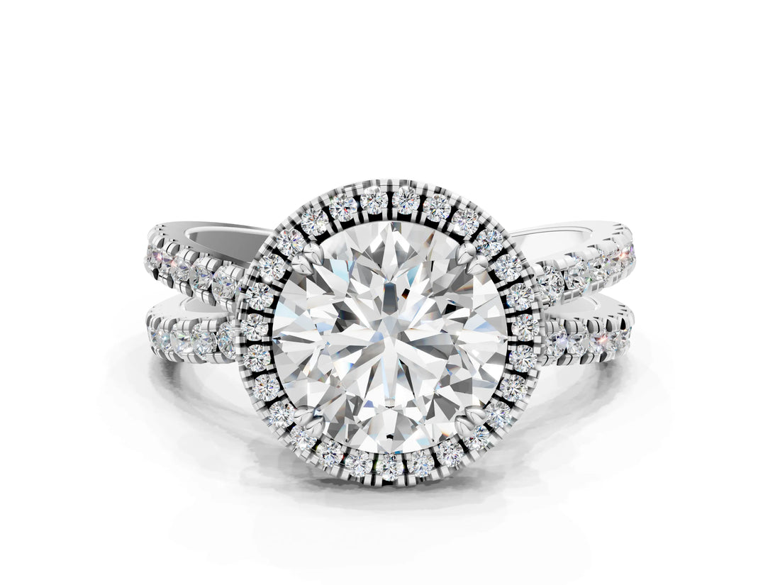 White gold Round Halo Split Shank Diamond Ring with Pavé Setting_45
