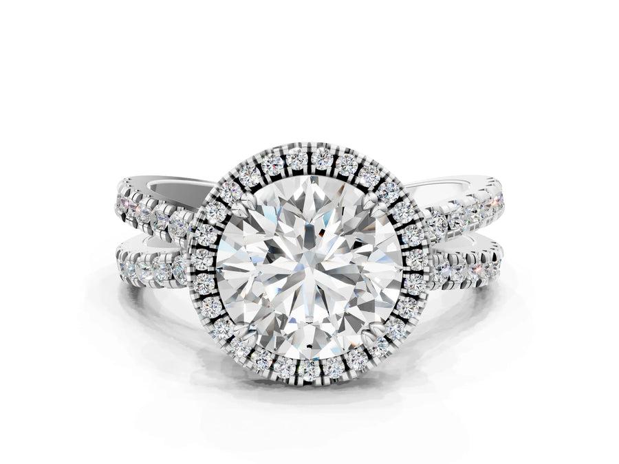 White gold Round Halo Split Shank Diamond Ring with Pavé Setting