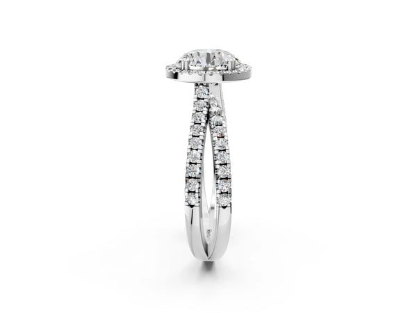 White gold Round Halo Split Shank Diamond Ring with Pavé Setting