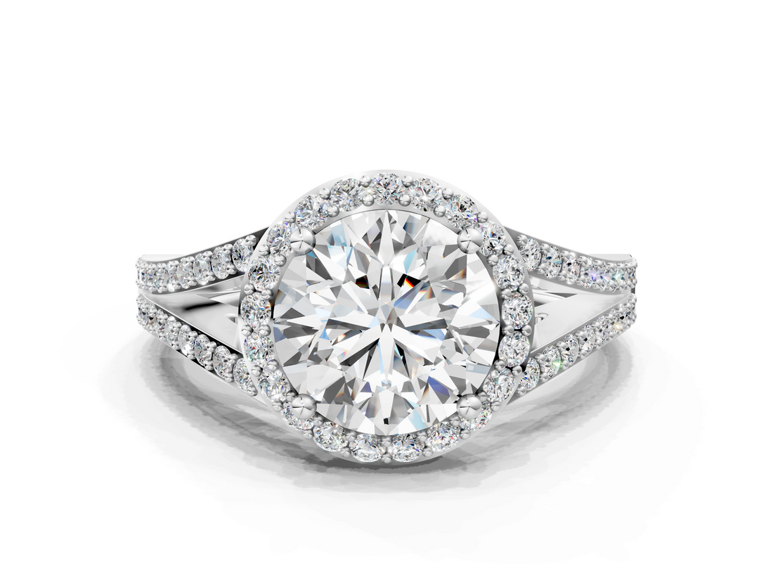White gold Round Halo Split Shank Diamond Ring with Prong Setting_20