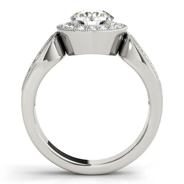 White gold Round Halo Split Shank Milgrain Diamond Ring