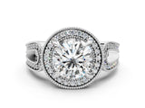 White gold Round Halo Split Shank Milgrain Diamond Ring_26