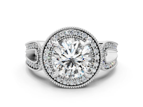 White gold Round Halo Split Shank Milgrain Diamond Ring