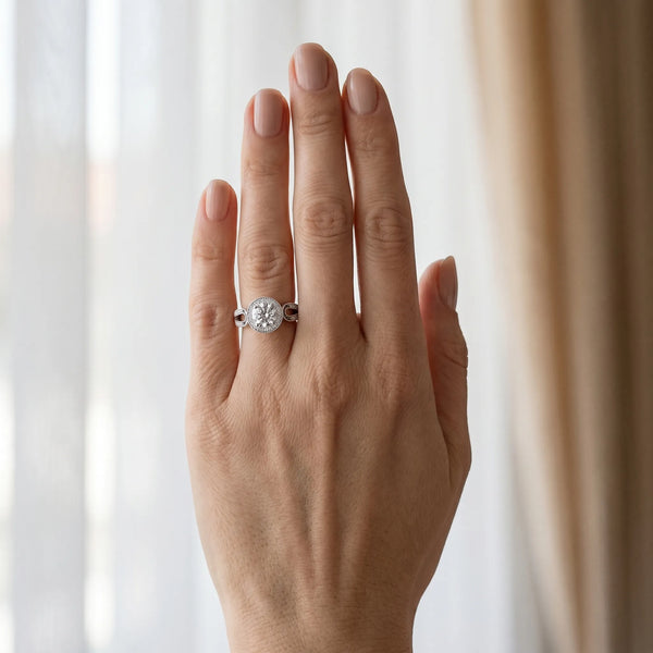 White gold Round Halo Split Shank Milgrain Diamond Ring