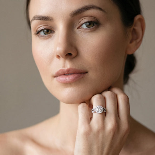 White gold Round Halo Split Shank Milgrain Diamond Ring