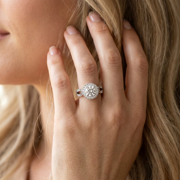 White gold Round Halo Split Shank Milgrain Diamond Ring