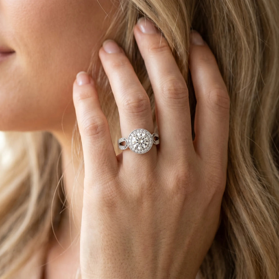 White gold Round Halo Split Shank Milgrain Diamond Ring