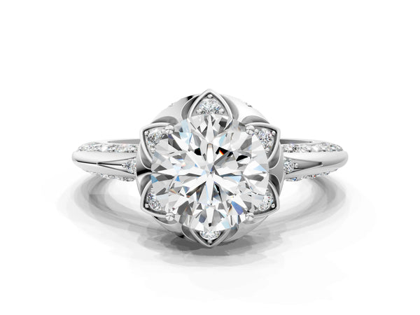 White gold Round Halo Split Shank Pave Diamond Ring with Petal Prong Setting