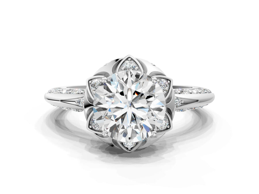 White gold Round Halo Split Shank Pave Diamond Ring with Petal Prong Setting