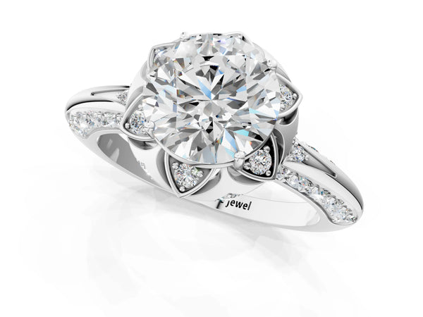 White gold Round Halo Split Shank Pave Diamond Ring with Petal Prong Setting