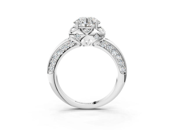 White gold Round Halo Split Shank Pave Diamond Ring with Petal Prong Setting