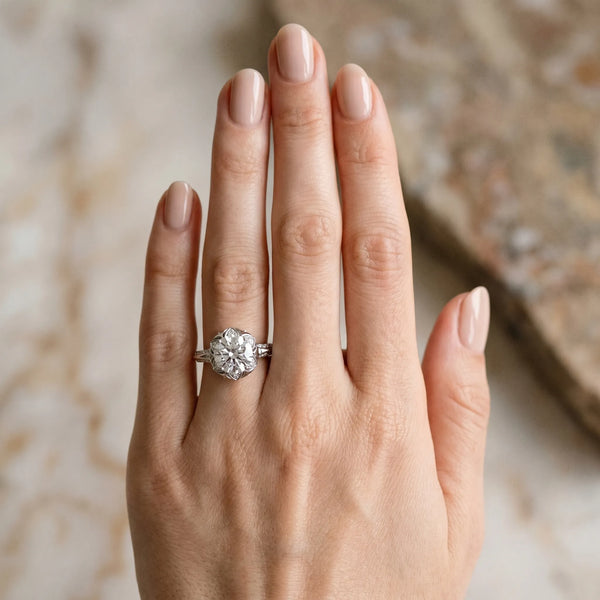White gold Round Halo Split Shank Pave Diamond Ring with Petal Prong Setting