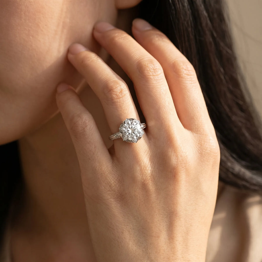White gold Round Halo Split Shank Pave Diamond Ring with Petal Prong Setting