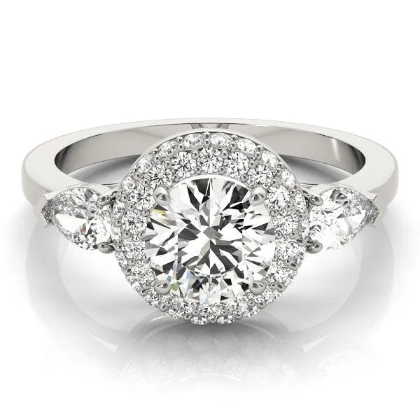 White gold Round Halo Three-Stone Diamond Ring with Pear Side Stones and Four-Prong Setting