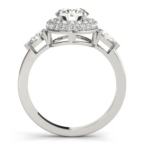 White gold Round Halo Three-Stone Diamond Ring with Pear Side Stones and Four-Prong Setting