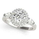 White gold Round Halo Three-Stone Diamond Ring with Pear Side Stones and Four-Prong Setting