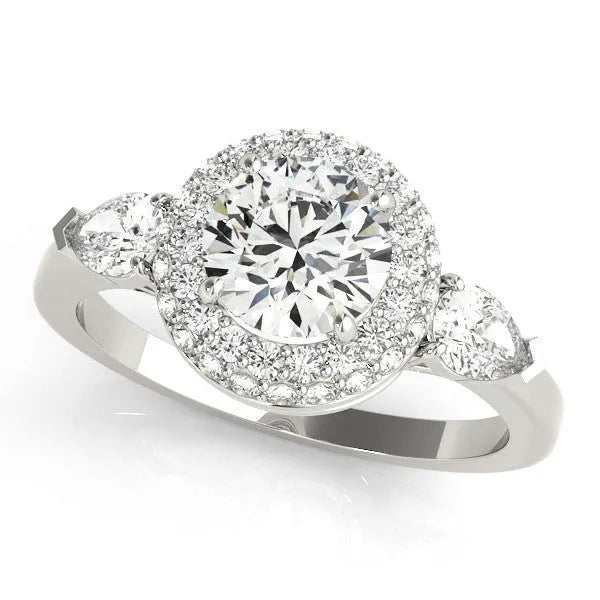 White gold Round Halo Three-Stone Diamond Ring with Pear Side Stones and Four-Prong Setting