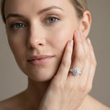 White gold Round Halo Three-Stone Diamond Ring with Pear Side Stones and Four-Prong Setting_26