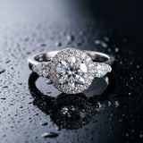 White gold Round Halo Three-Stone Diamond Ring with Pear Side Stones and Four-Prong Setting_28