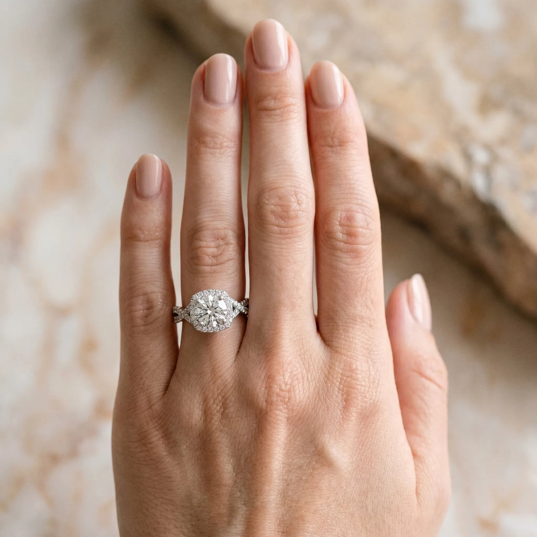 White gold Round Halo Twist Band Diamond Engagement Ring with Prong Setting_3