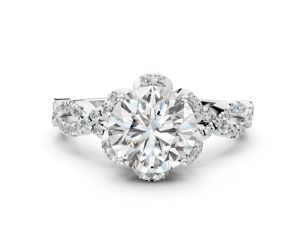 White gold Round Halo Twist Band Solitaire Ring with Six-Prong Setting