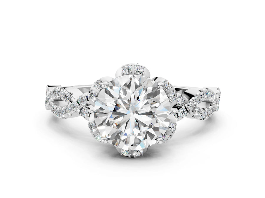 White gold Round Halo Twist Band Solitaire Ring with Six-Prong Setting