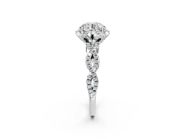 White gold Round Halo Twist Band Solitaire Ring with Six-Prong Setting