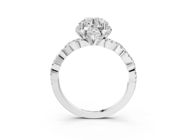 White gold Round Halo Twist Band Solitaire Ring with Six-Prong Setting