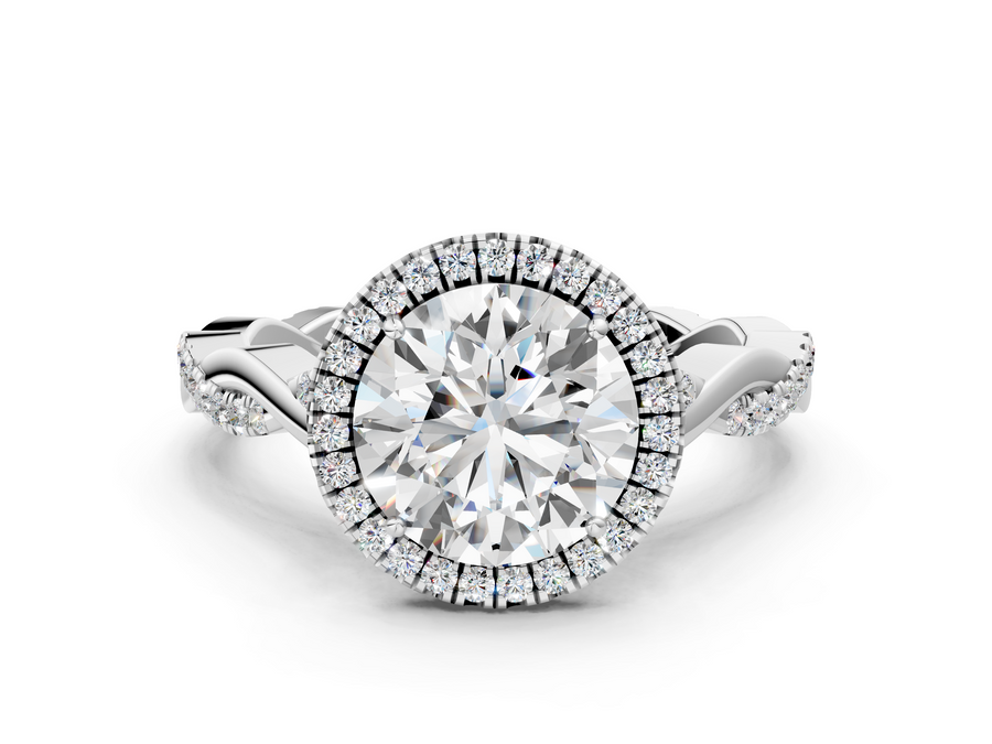 White gold Round Halo Twist Band Solitaire Ring