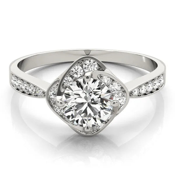 White gold Round Halo Twist Diamond Engagement Ring with Pavé Band and Four-Prong Setting