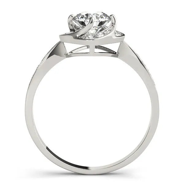 White gold Round Halo Twist Diamond Engagement Ring with Pavé Band and Four-Prong Setting