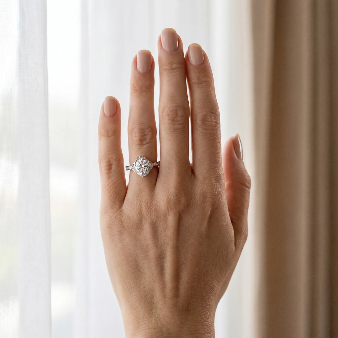 White gold Round Halo Twist Diamond Engagement Ring with Pavé Band and Four-Prong Setting_27