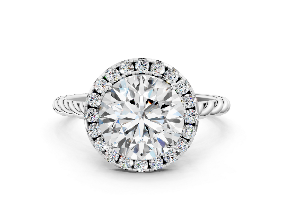 10K White Gold 3.04 Carat F VS1 Round Halo Twisted Band Four-Prong Diamond Ring