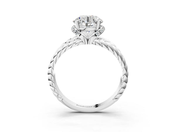 White gold Round Halo Twisted Band Four-Prong Ring