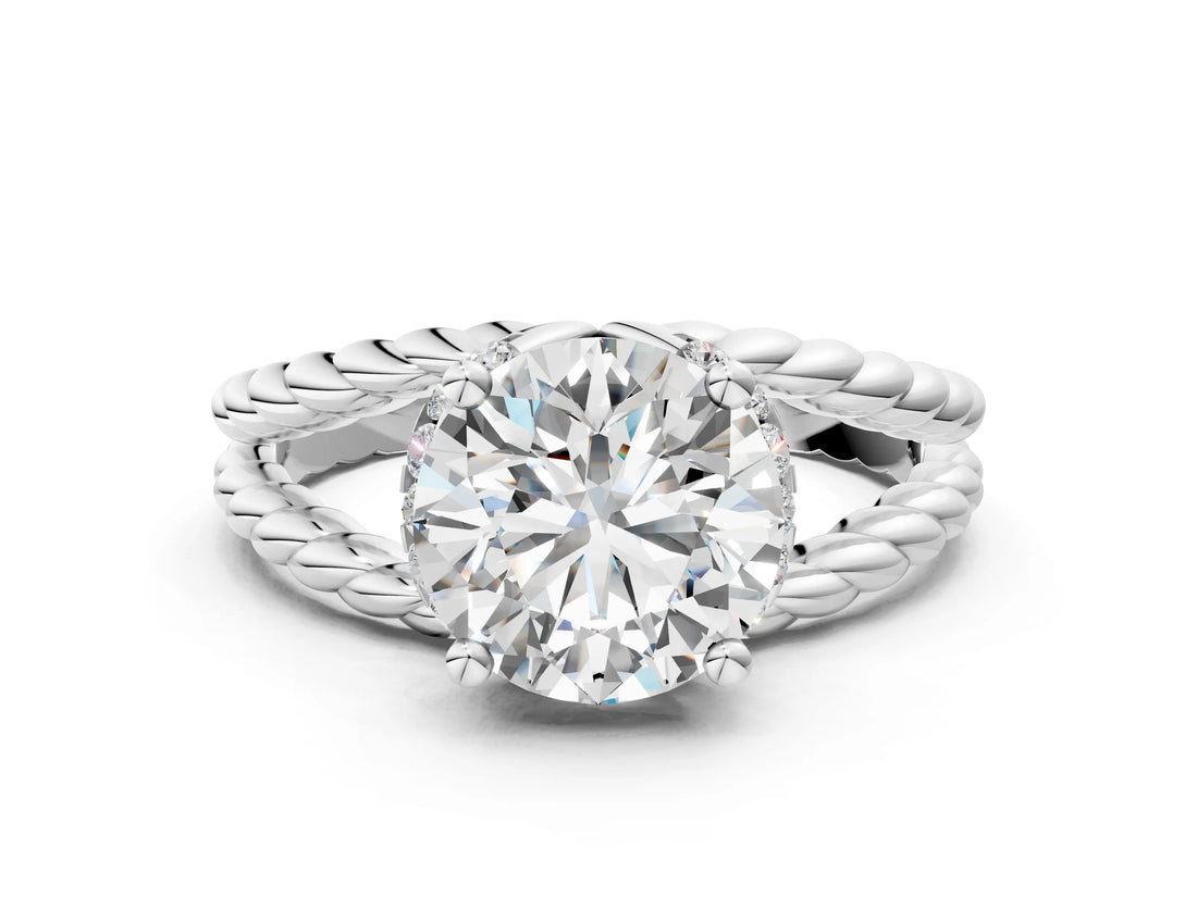 White gold Round Halo Twisted Band Four-Prong Ring_75