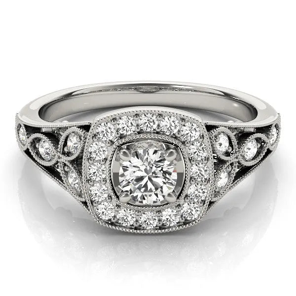 White gold Round Halo Vintage-Inspired Split Shank Ring with Milgrain Detailing