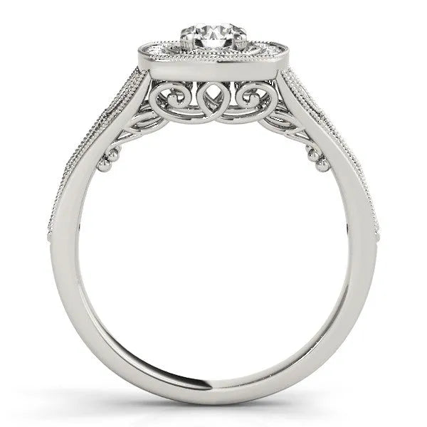 White gold Round Halo Vintage-Inspired Split Shank Ring with Milgrain Detailing