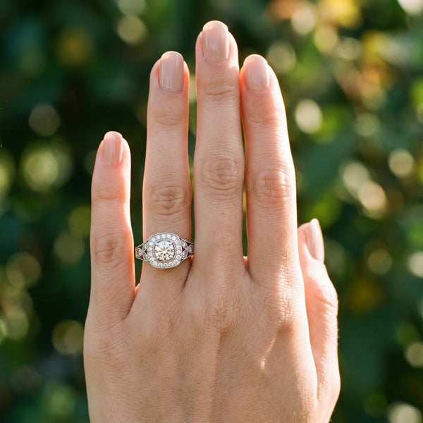 White gold Round Halo Vintage-Inspired Split Shank Ring with Milgrain Detailing