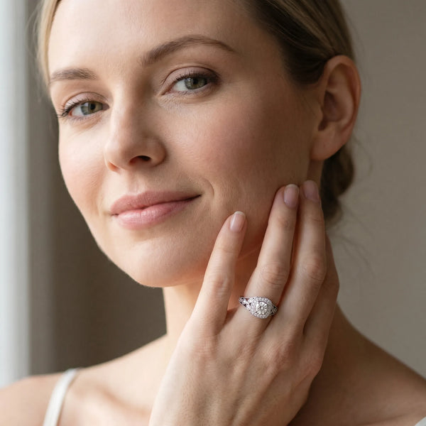 White gold Round Halo Vintage-Inspired Split Shank Ring with Milgrain Detailing