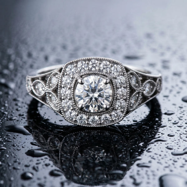 White gold Round Halo Vintage-Inspired Split Shank Ring with Milgrain Detailing
