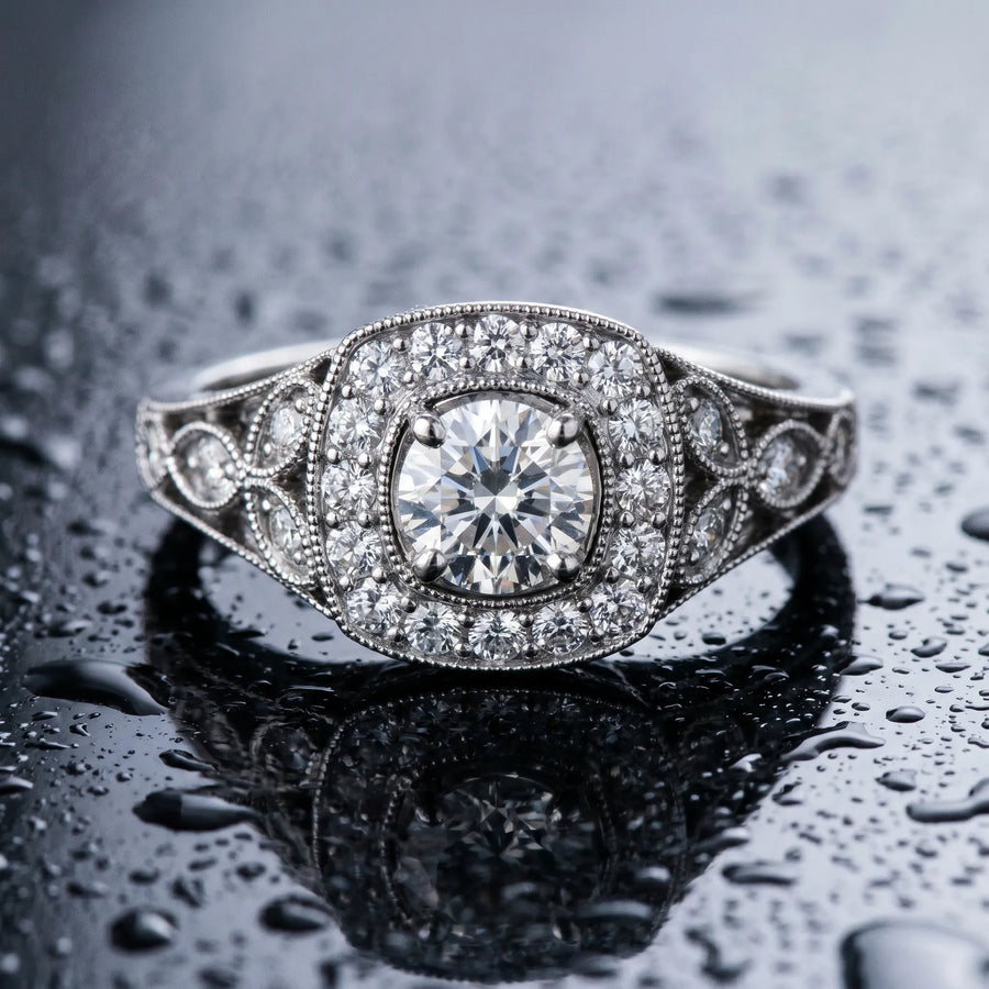 White gold Round Halo Vintage-Inspired Split Shank Ring with Milgrain Detailing