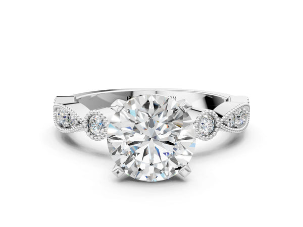 Sterling Silver Round Vintage Solitaire Engagement Ring Setting with Milgrain Bezel Accent Band