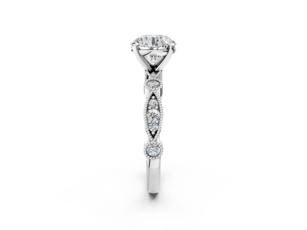 Sterling Silver Round Vintage Solitaire Engagement Ring Setting with Milgrain Bezel Accent Band