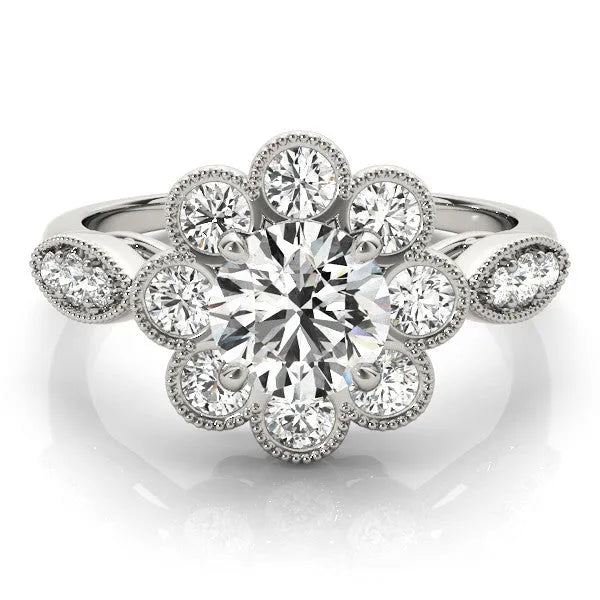 White gold Round Milgrain Halo Floral Diamond Ring with Split Shank and Four-Prong Setting