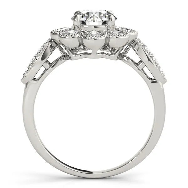 White gold Round Milgrain Halo Floral Diamond Ring with Split Shank and Four-Prong Setting